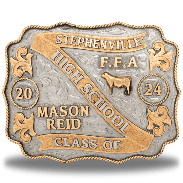 A custom belt buckle for Stephenville High School Class of 2024 with personalized name featuring a bronze cow figure and the FFA initials